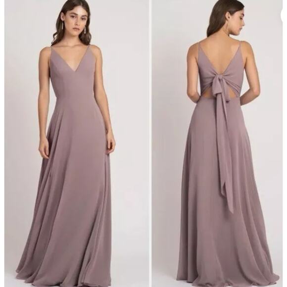 Jenny Yoo Dani Bridesmaid Maxi Dress Size‎ 4 Purple Fig V-Neck Tie Back Chiffon - Picture 2 of 10
